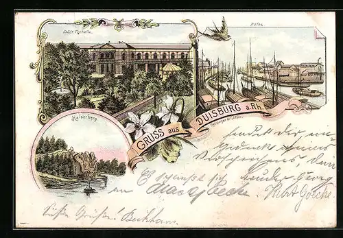 Lithographie Duisburg, Kasierberg, Hafen, Städt. Tonhalle