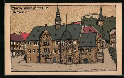 Steindruck-AK Blankenburg / Harz, Rathaus, Aussenansicht