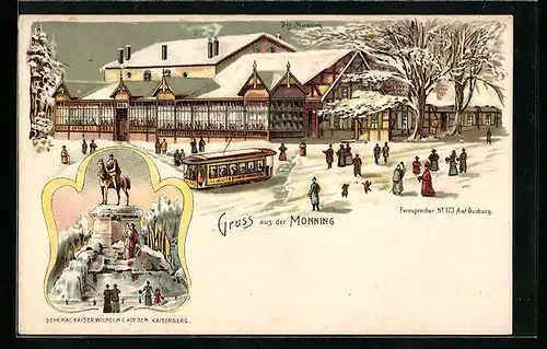 Winter-Lithographie Monning, Strassenbahn am Gasthaus Monning, Denkmal Kaiser Wilhelm I. auf dem Kaiserberg