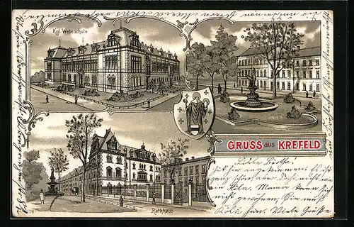 Lithographie Krefeld, Kgl. Webschule, Rathaus, Stadtwappen