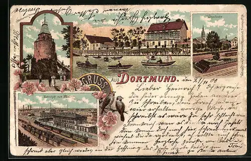 Lithographie Dortmund, Bahnhof mit Post, Buschmühle, Vehmlinde