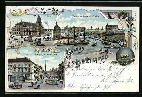 AK Dortmund, Börse, Hafenpartie, Steinplatz u. Münsterstrasse