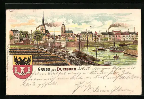 AK Duisburg, Hafenpartie mit angelegten Booten, Wappen