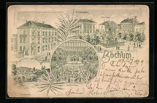 Lithographie Bochum, Wilhelmplatz, Central Theater, Variete Saal