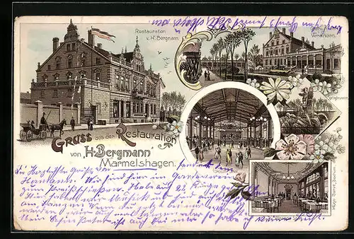 Lithographie Marmelshagen, Restaurant v. H. Bergmann, Springbrunnen