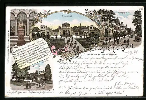 Lithographie Oeynhausen, Partie am Kurpark, Thermalbad, Denkmal, Haupt-Promenade