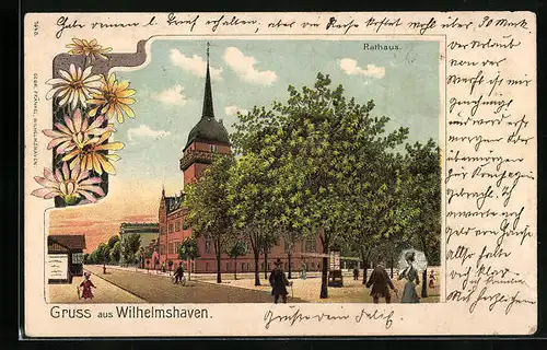 Lithographie Wilhelmshaven, Passanten vor dem Rathaus