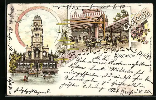 Lithographie Bremen, Aussichtsturm, Restaurant