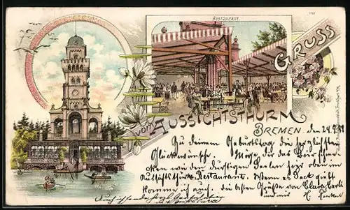 Lithographie Bremen, Aussichtsthurm und Restaurant