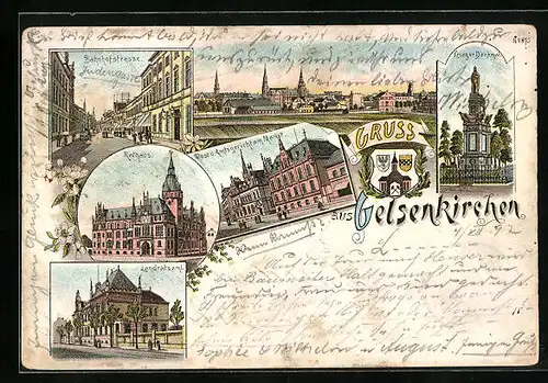 Lithographie Gelsenkirchen, Krieger Denkmal, Bahnhofstrasse, Rathaus