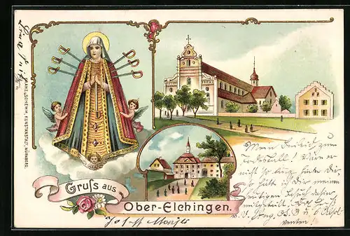 Lithographie Ober-Elchingen, Gnadenbild, Kirche