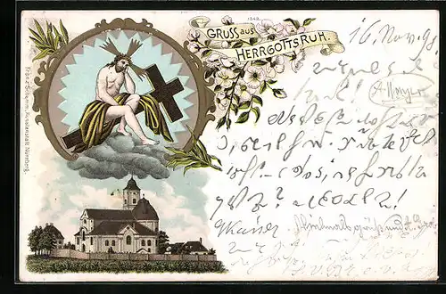 Lithographie Friedberg / Bayern, Wallfahrt Herrgottsruh, Kirche, Christus sitzend auf seinem Kreuz