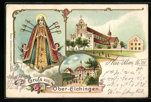 Lithographie Ober-Elchingen, Gnadenbild, Kirche