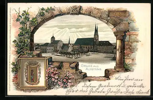 Passepartout-Lithographie Altötting, Marktplatz mit Kirche, Wappen