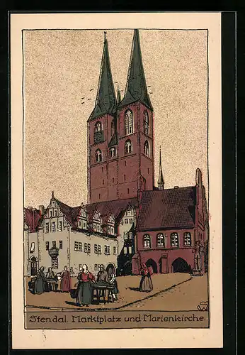 Steindruck-AK Stendal, Marktplatz und Marienkirche