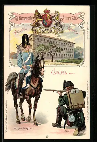 Lithographie Hannover, Kgl. Hannoversche Armee 1866, Kronprinz-Dragoner, Jäger