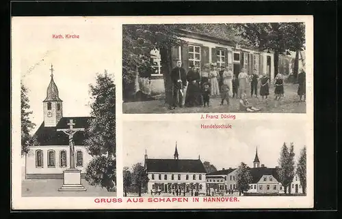 AK Schapen / Lingen, Geschäft v. J. Franz Düsing, Handelsschule, Kath. Kirche