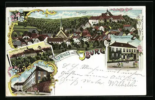 Lithographie Iburg, Hotel Gersemann, Schloss u. Kloster, Schlossplatz
