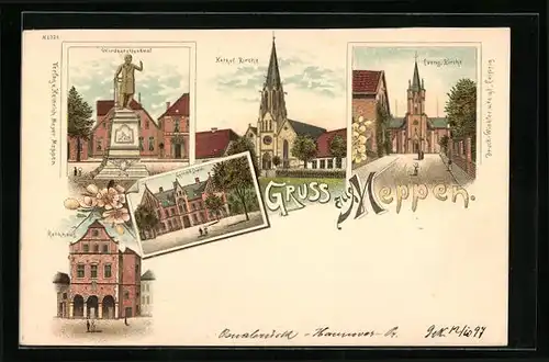 Lithographie Meppen, Gymnasium, Evang. Kirche, Windhorstdenkmal