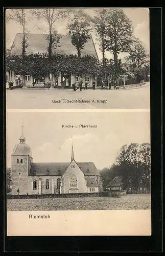 AK Riemsloh, Gasthaus A. Krapp, Kirche u. Pfarrhaus