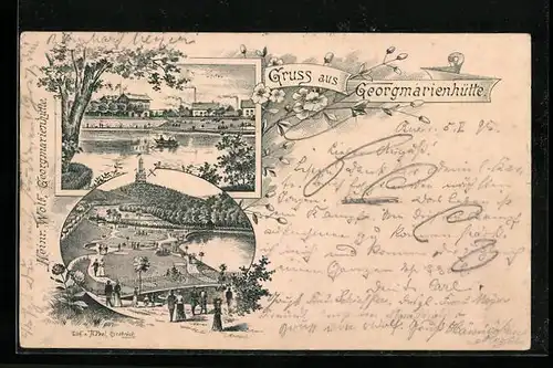 Vorläufer-Lithographie Georgmarienhütte, 1895, Uferpartie mit Gasthaus, Parkpartie mit Aussichtsturm