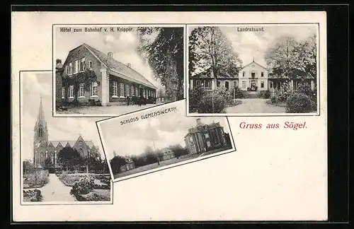 AK Sögel, Hotel zum Bahnhof v. H. Knipper, Landratsamt, Schloss Clemenswerth