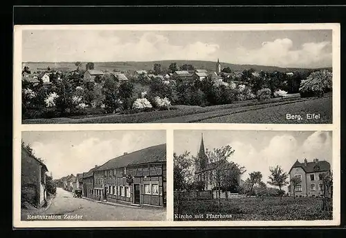 AK Berg /Eifel, Restaurant Zander, Kirche mit Pfarrhaus