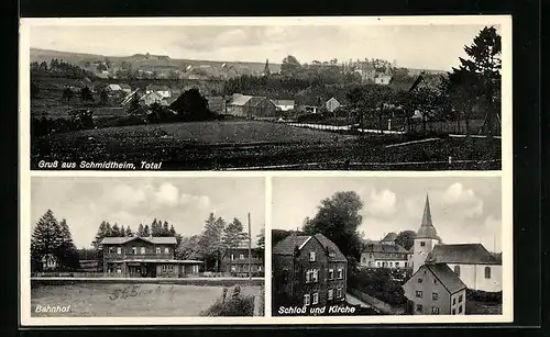 AK Schmidtheim, Bahnhofsrestaurant, Schloss und Kirche, Totalansicht