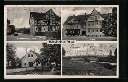 AK Heinebach a. Fulda, Schule, Geschäftshaus C. Horn, Jugendheim, Fuldabrücke