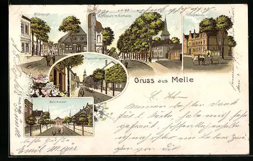 Lithographie Melle, Markt mit Rathaus, Mühlenstrasse, Bahnhofstrasse