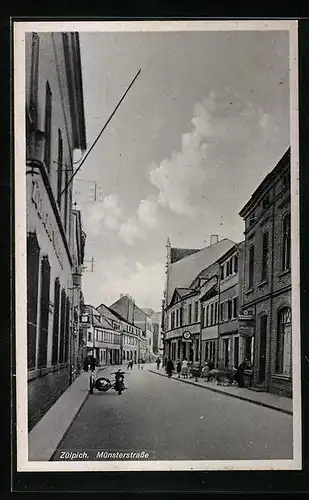 AK Zülpich, Münsterstrasse, Motorrad mit Beiwagen