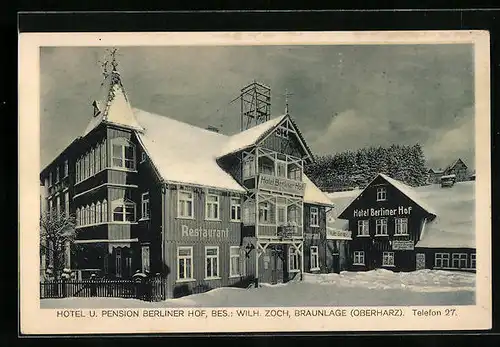 AK Braunlage / Oberharz, Hotel-Pension Berliner Hof im Winter, Bes. Wilh. Zoch