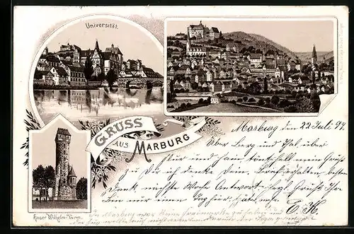 Lithographie Marburg, Universität, Kaiser Wilhelm-Turm, Gesamtansicht