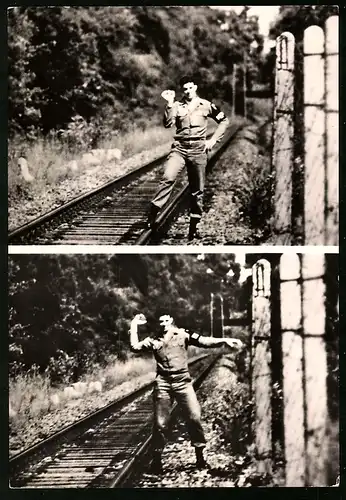 Archiv-Fotografie unbekannter Fotograf, Ansicht Berlin-Steinstücken, US-Soldat provoziert NVA-Soldaten a. d. Zonengrenze