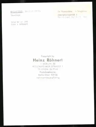 Fotografie Röhnert, Berlin, Portrait Theologe Prof. Hellmut Gollwitzer