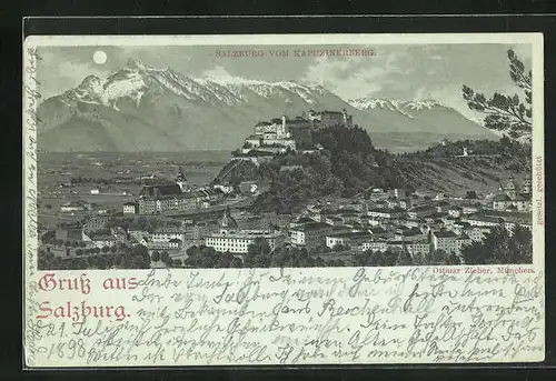 Mondschein-Lithographie Salzburg, Totalansicht vom Kapuzinerberg