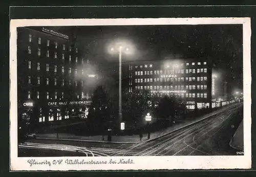 AK Gleiwitz, Wilhelmstrasse bei Nacht