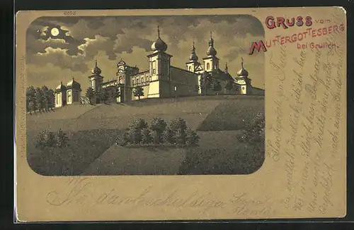 Mondschein-Lithographie Pardubice, Kloster Muttergottesberg aus der Ferne