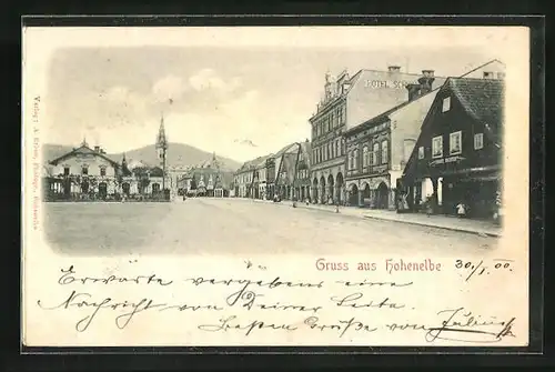 Relief-AK Hohenelbe / Vrchlabi, Platz mit Hotel und Gewerbe Franz Richter