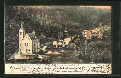 Relief-AK Johannisbad / Janske Lazne, Katholische Kirche im Ortsbild