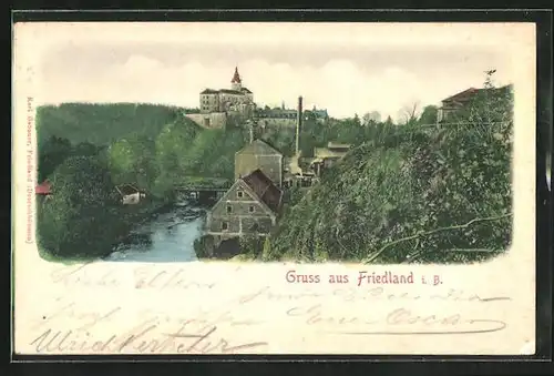 Relief-AK Friedland / Frydlant, Ortspartie am Fluss