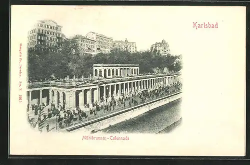 Relief-AK Karlsbad, Mühlbrunnen-Colonnade mit Kurgästen