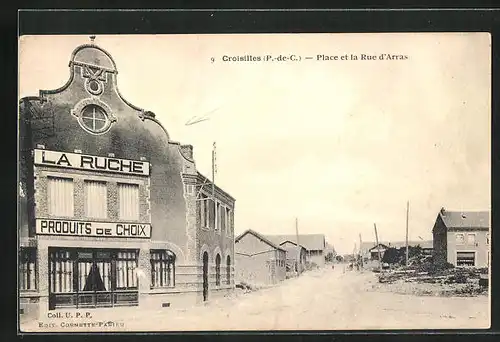 AK Croisilles, Place et la Rue d`Arras