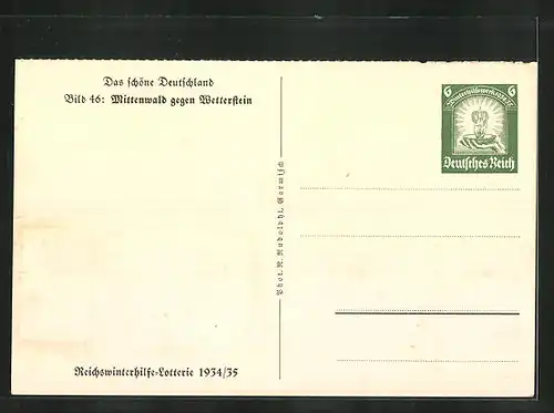 AK Mittenwald gegen Wetterstein, Ganzsache WHW Winterhilfswerk 1934 /35