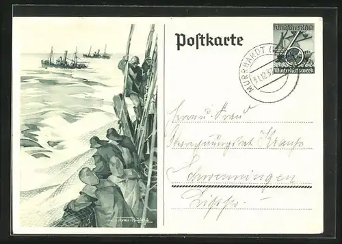 AK Fischer holen Netze ein, Ganzsache WHW Winterhilfswerk