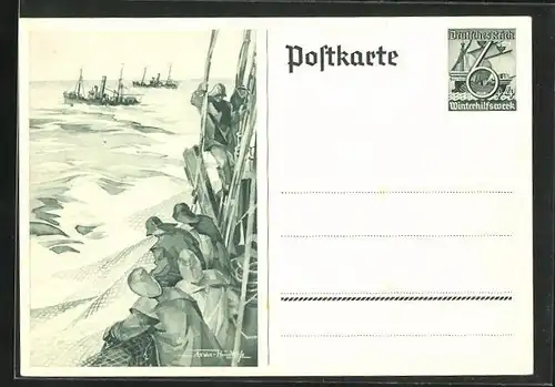 AK Fischer holen Fang ein, Ganzsache WHW Winterhilfswerk