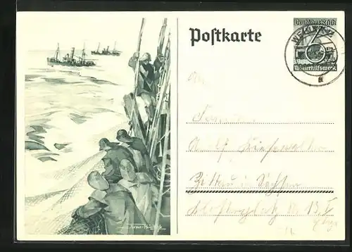 AK Fischer mit Netzen auf See, Ganzsache WHW Winterhilfswerk