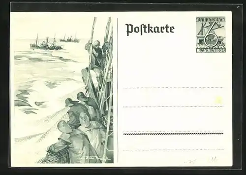 AK Fischer mit Netzen auf See, Ganzsache WHW Winterhilfswerk