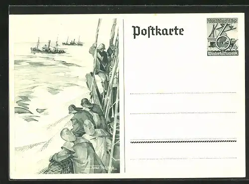 AK Fischer holen Netze ein, Ganzsache WHW Winterhilfswerk