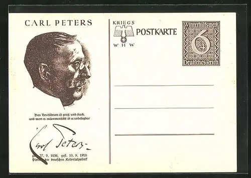 AK Carl Peters, Ganzsache WHW Winterhilfswerk